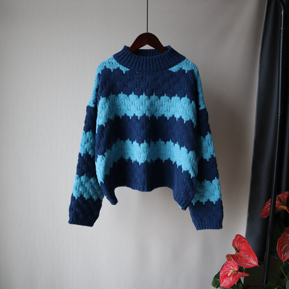 Retro Thick Sweater Contrast Striped Sweater Blue