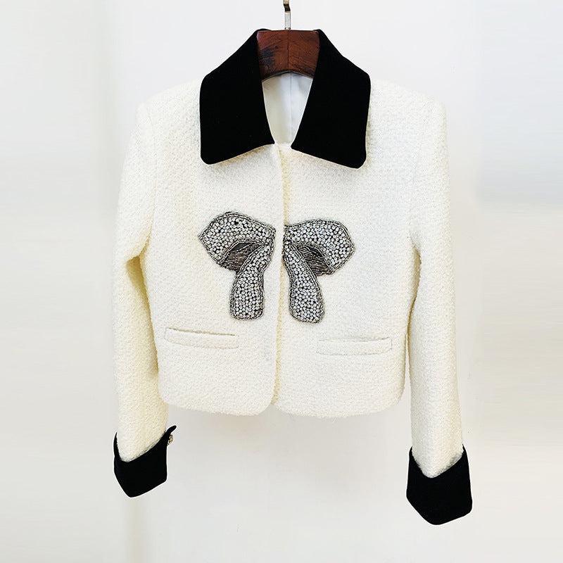 Autumn And Winter New Bow Beaded Jacket Coat White