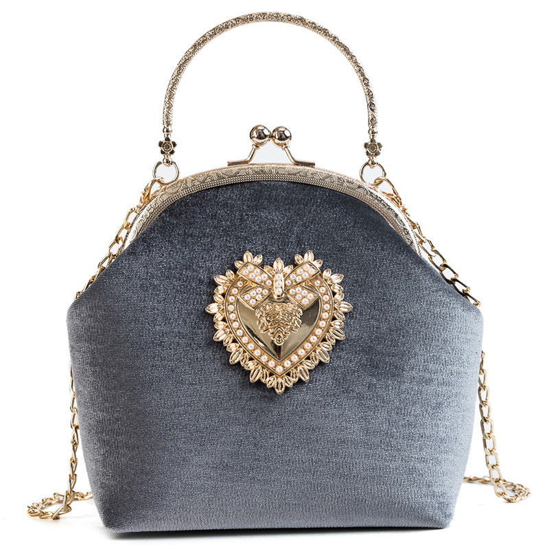 Personalized hand pocket retro gold velvet shell bag with diamonds Grey