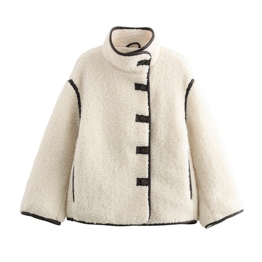 Winter New Stand Collar Contrast Color Button Loose And Warm Coat For Women Beige