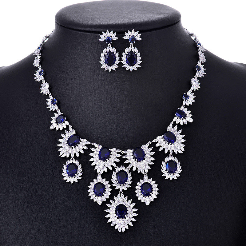 Jewelry Colorful Zircon Earrings Necklace Set Bridal Wedding Jewelry Accessories Blue