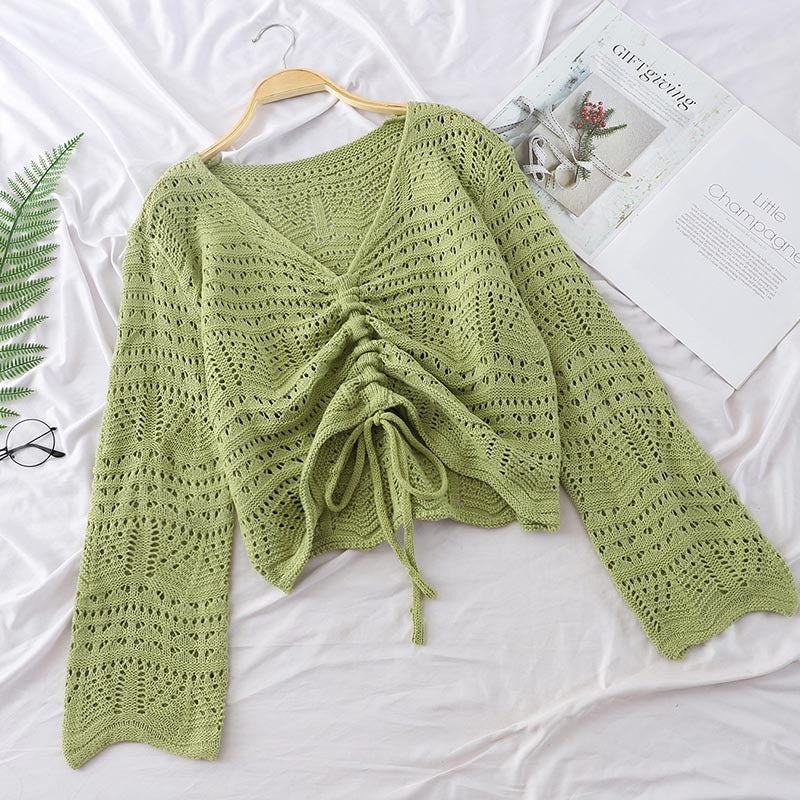 Loose Knit Sweater Short Sweater Women Long-sleeved Mesh Green