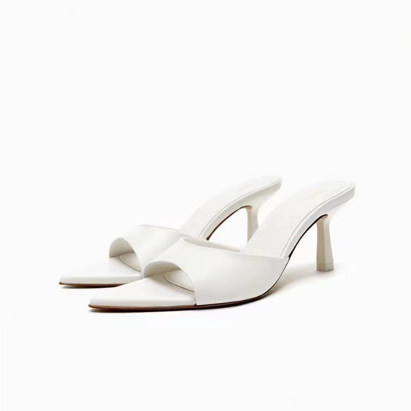 Summer New Leather Metal High Heels White