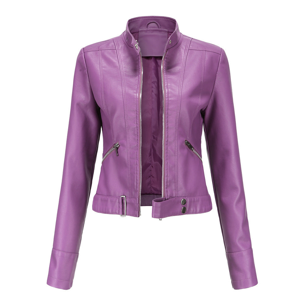 Ladies Leather Jacket With Stand-up Collar Purple