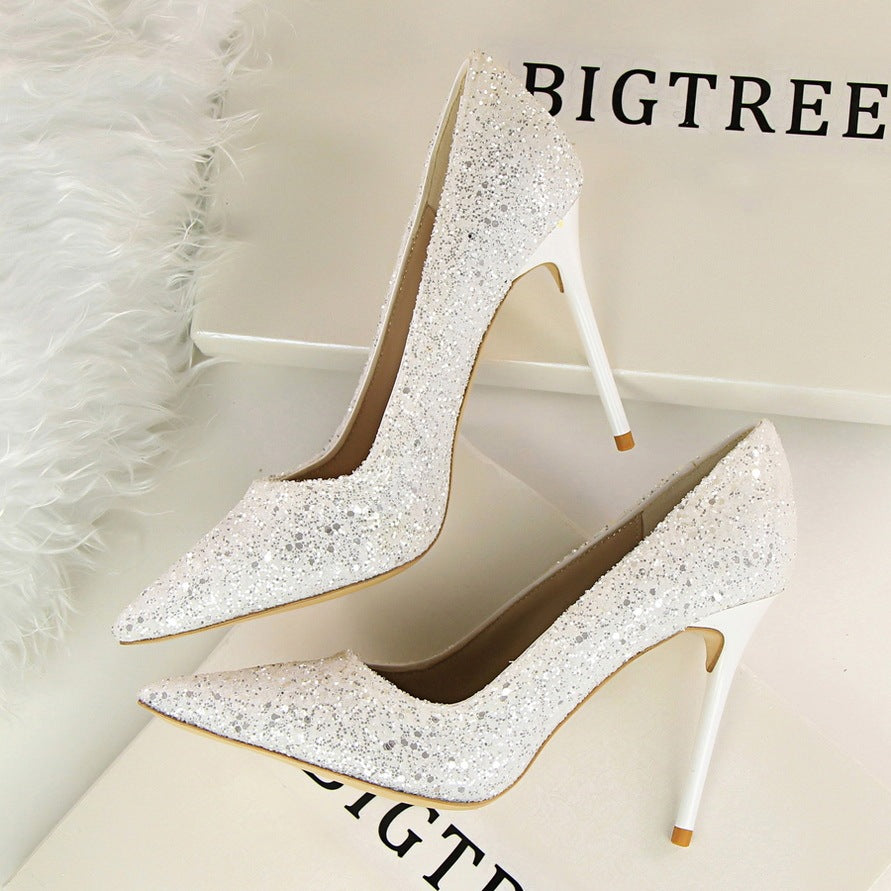 Shining sequins sexy slim nightclub high heels White