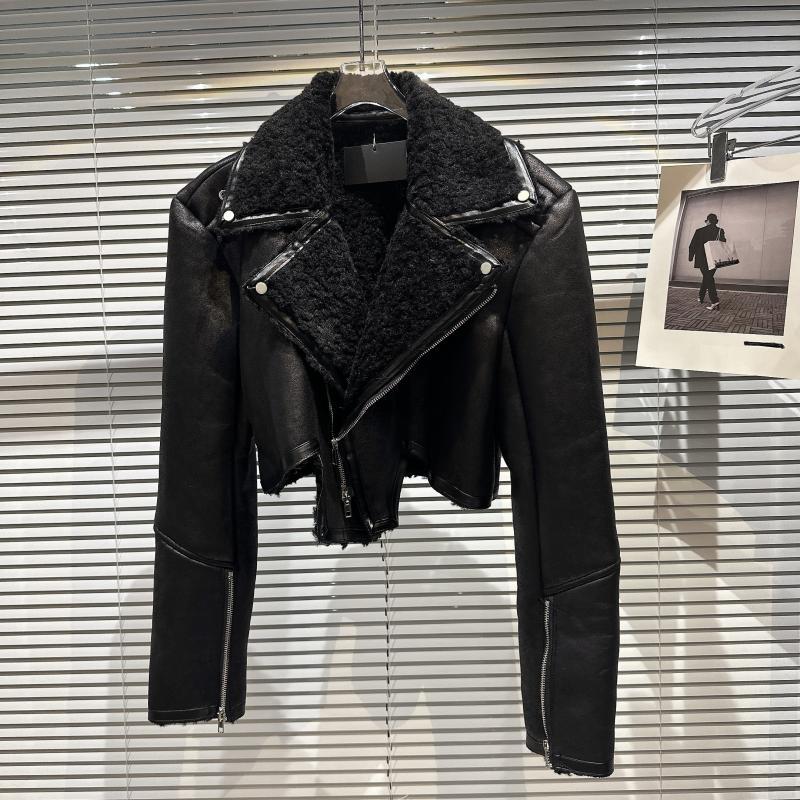 Lapel Fur Leather Coat Autumn Motorcycle Winter Jacket Coat Black