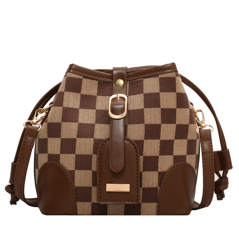 Checkered Drawstring Personality Bucket Bag Shoulder Bag Messenger Bag Brown