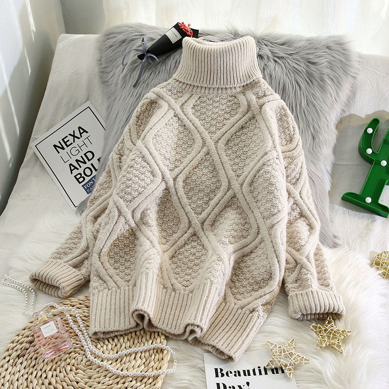 Plaid Turtleneck Knitted Women Sweaters Solid Thicken Warm Loose All Match Pulls Outwear Coat Tops Beige One size