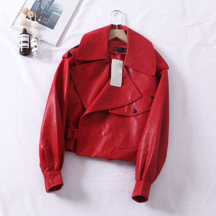 Loose cropped leather jacket motorcycle jacket Red