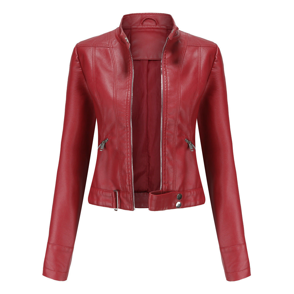 Ladies Leather Jacket With Stand-up Collar Red