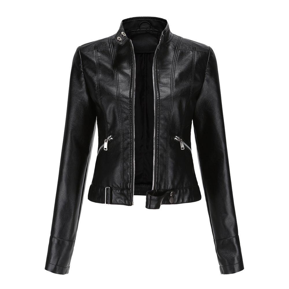 Ladies Leather Jacket With Stand-up Collar Black