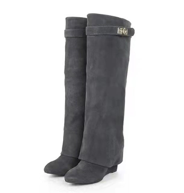 New Wedge Pants Boots Metal Lock Pants Fashion Women Sleeve Gray Matte