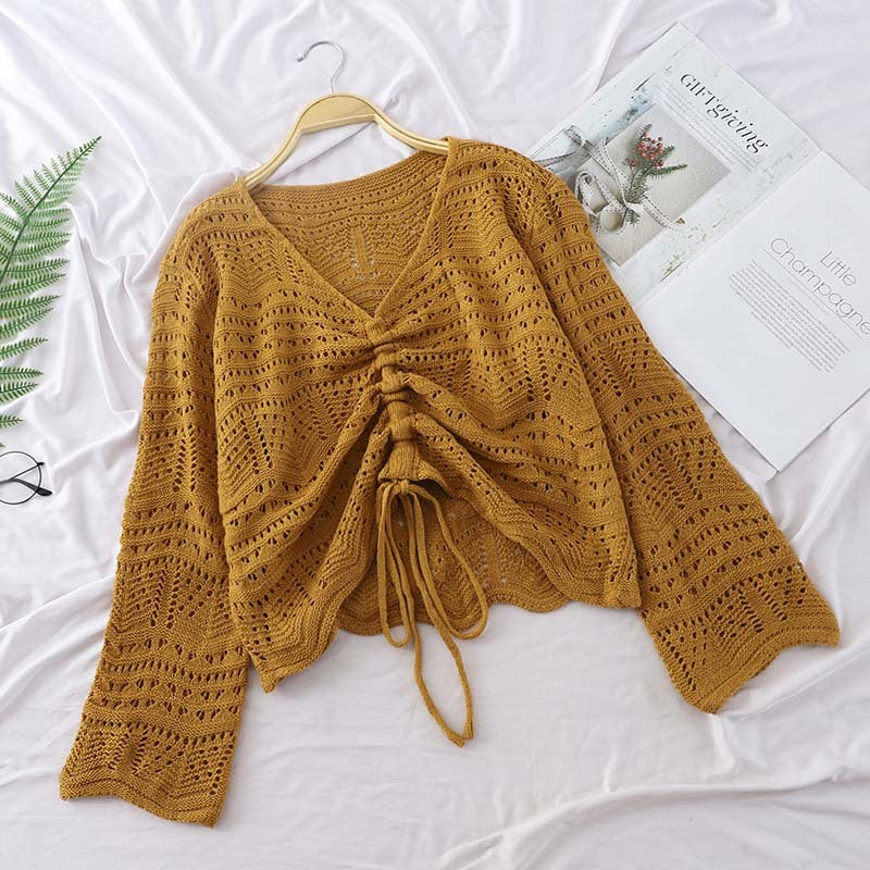 Loose Knit Sweater Short Sweater Women Long-sleeved Mesh Khaki