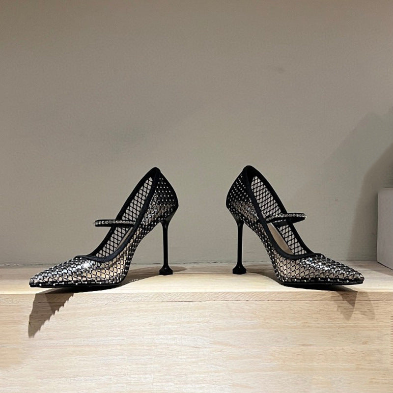 Spring And Summer New Pointed-toe Super High Heel Rhinestone Mesh Shoes Black