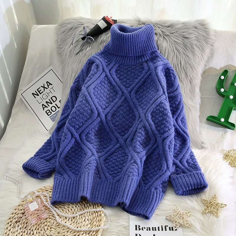 Plaid Turtleneck Knitted Women Sweaters Solid Thicken Warm Loose All Match Pulls Outwear Coat Tops Blue One size