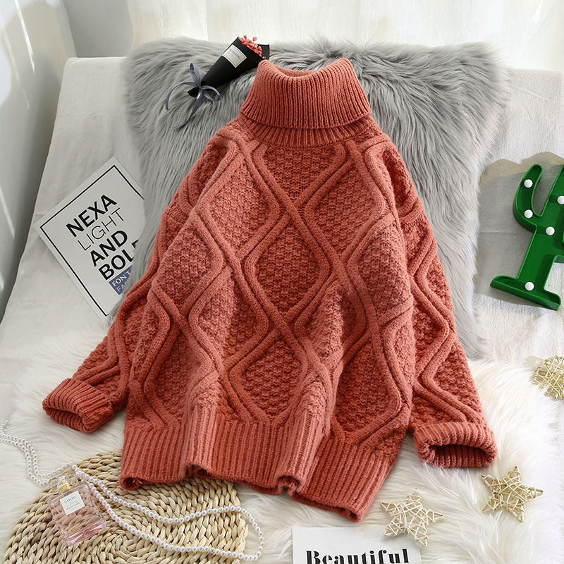 Plaid Turtleneck Knitted Women Sweaters Solid Thicken Warm Loose All Match Pulls Outwear Coat Tops Red One size