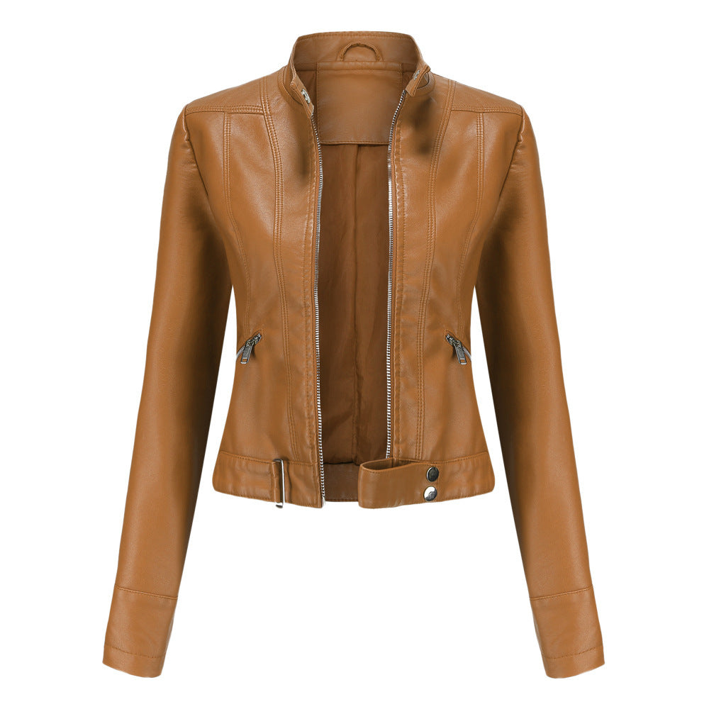 Ladies Leather Jacket With Stand-up Collar Camel