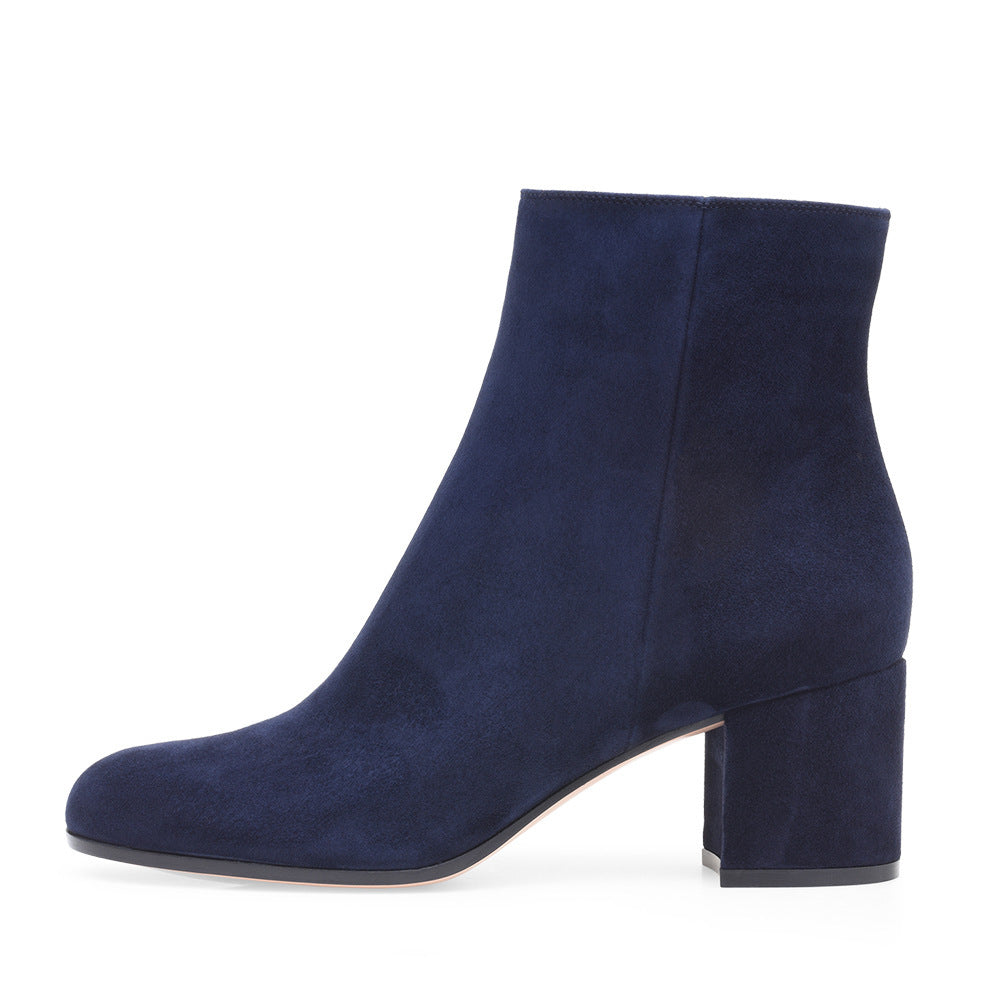 Women's Chunky Heel Round Toe Mid Heel Boots Dark Blue Velvet