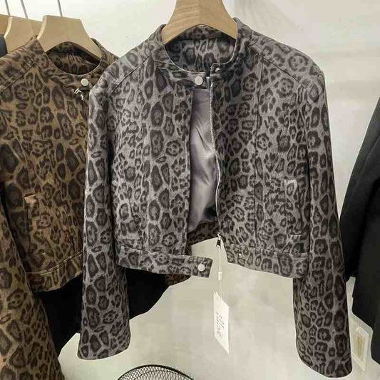 Slimming Long Sleeve Hong Kong Style Short Leopard Print Coat Gray