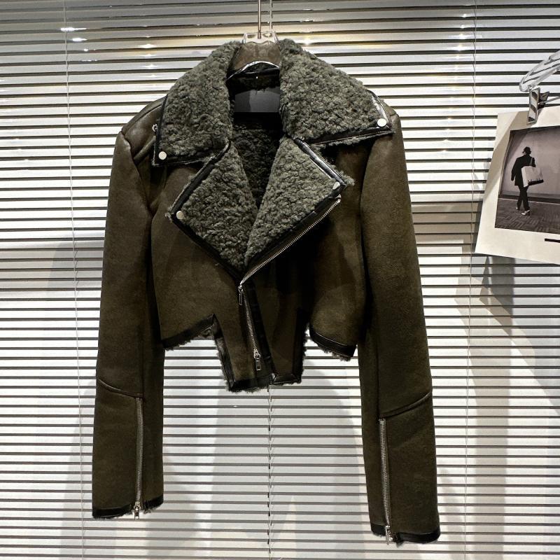 Lapel Fur Leather Coat Autumn Motorcycle Winter Jacket Coat Dark Green