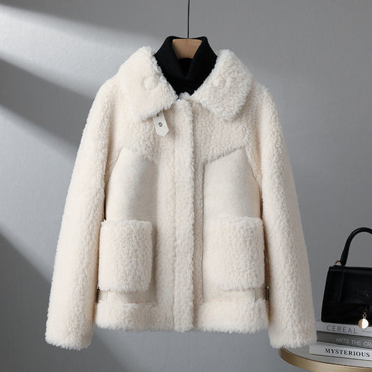 Winter New Fashion Particles Chenille Coat Stitching Fur Coat Women White