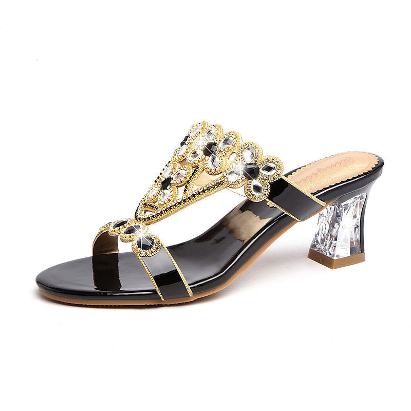 High-heeled Rhinestone Sandals Fashion Block-heeled Diamond Flower Sandals Black Heel height 5.5cm