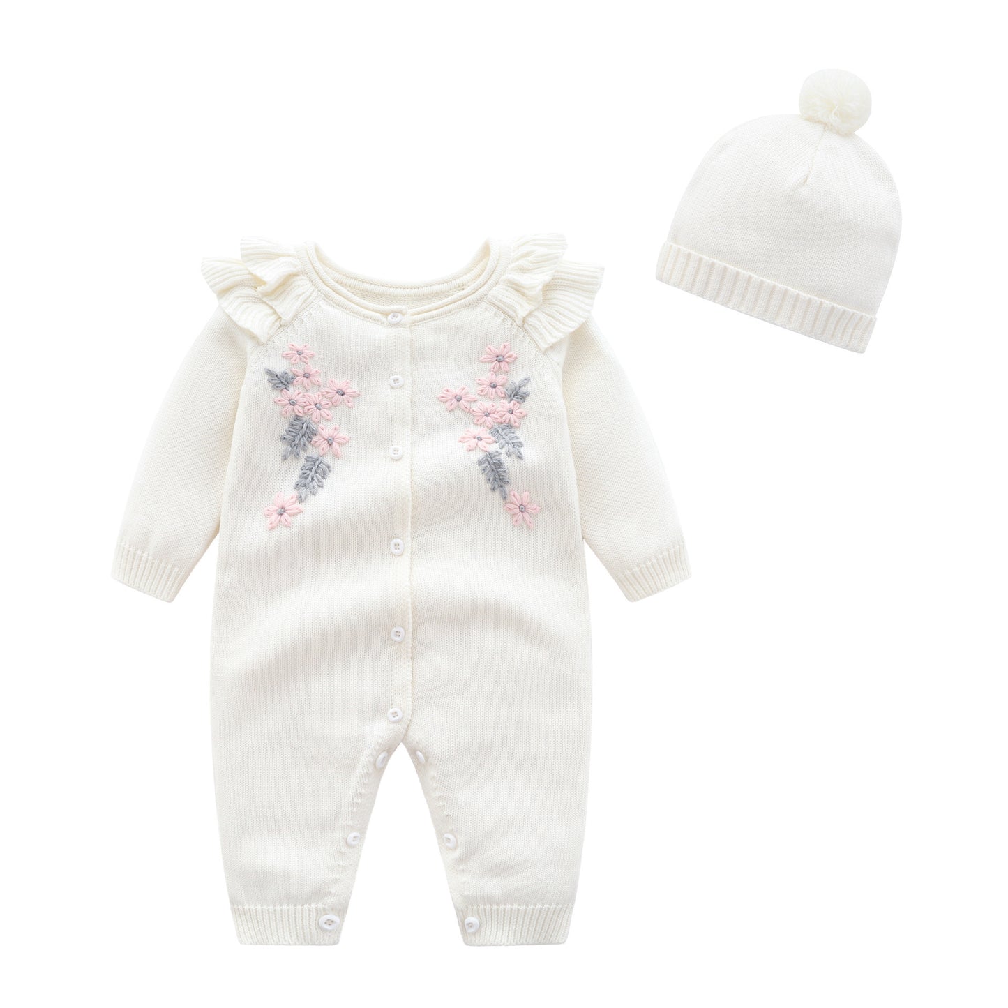 Baby Girl Princess Embroidered Flower Knit Romper Long Sleeve Onesie Jumpsuit White