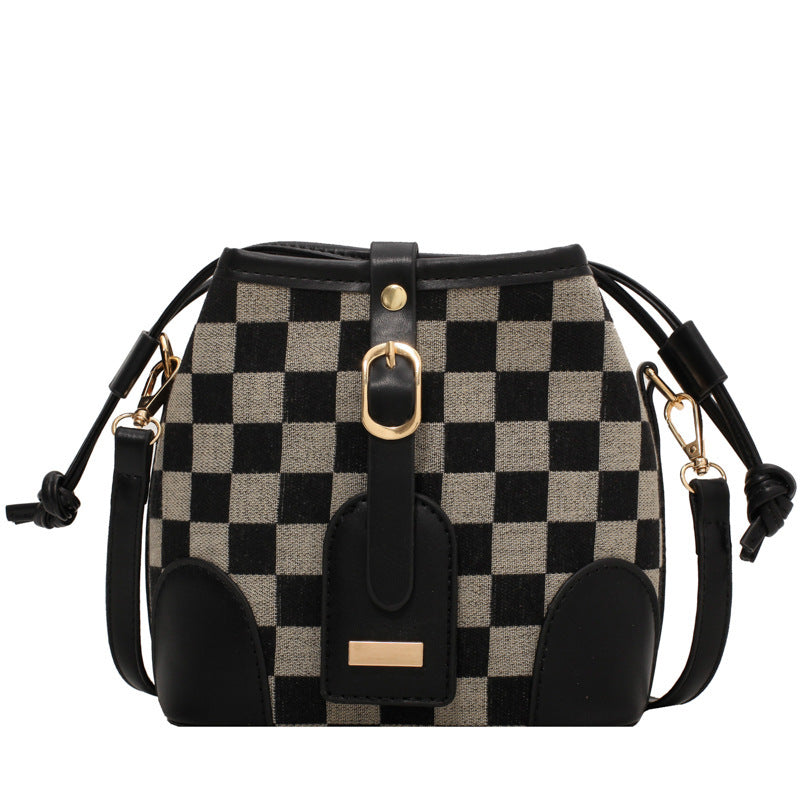 Checkered Drawstring Personality Bucket Bag Shoulder Bag Messenger Bag Black