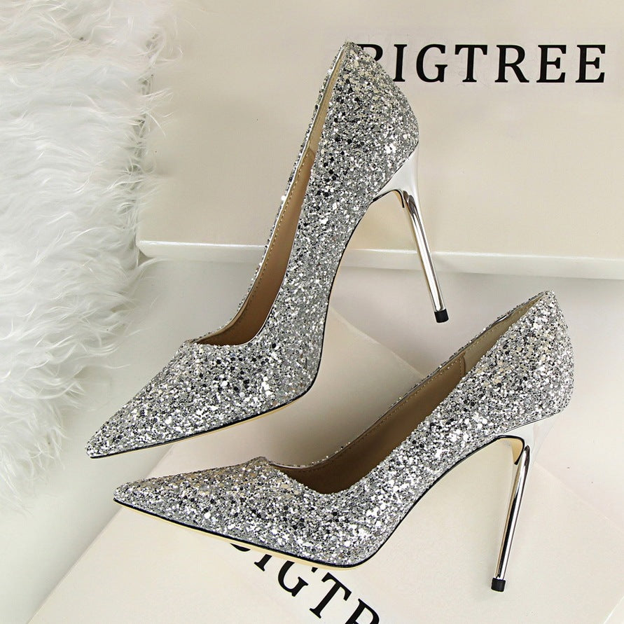 Shining sequins sexy slim nightclub high heels Sliver