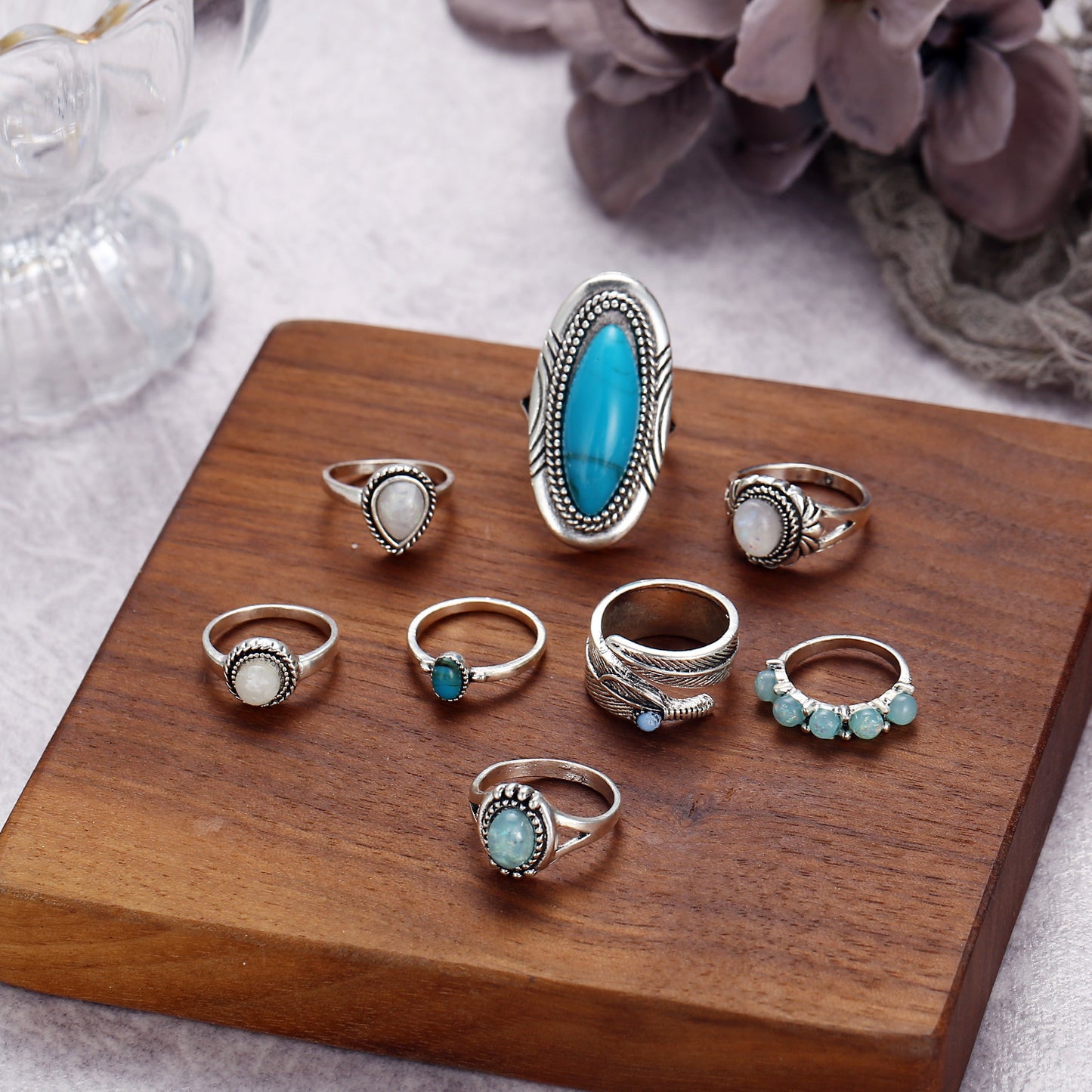 Opal Ring Set Turquoise Eight Piece Jewelry