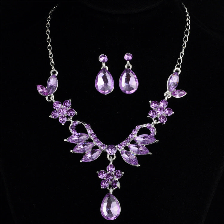 Foreign trade explosion bride alloy diamond necklace earrings set wedding jewelry and jewelry accessories Purple