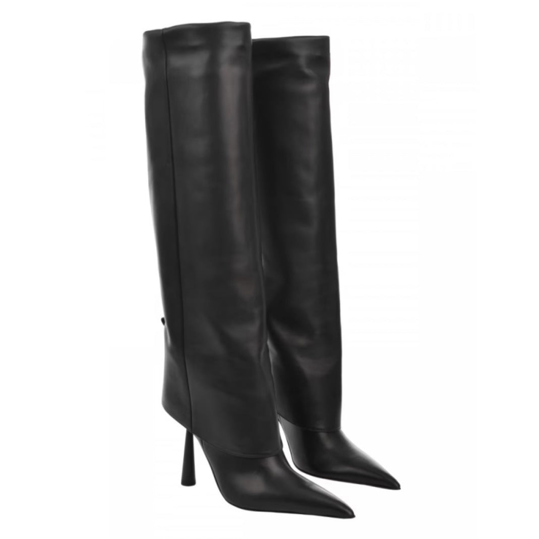 Big Tube Circumference Pointed Toe Women's Stiletto Heel Boots Black