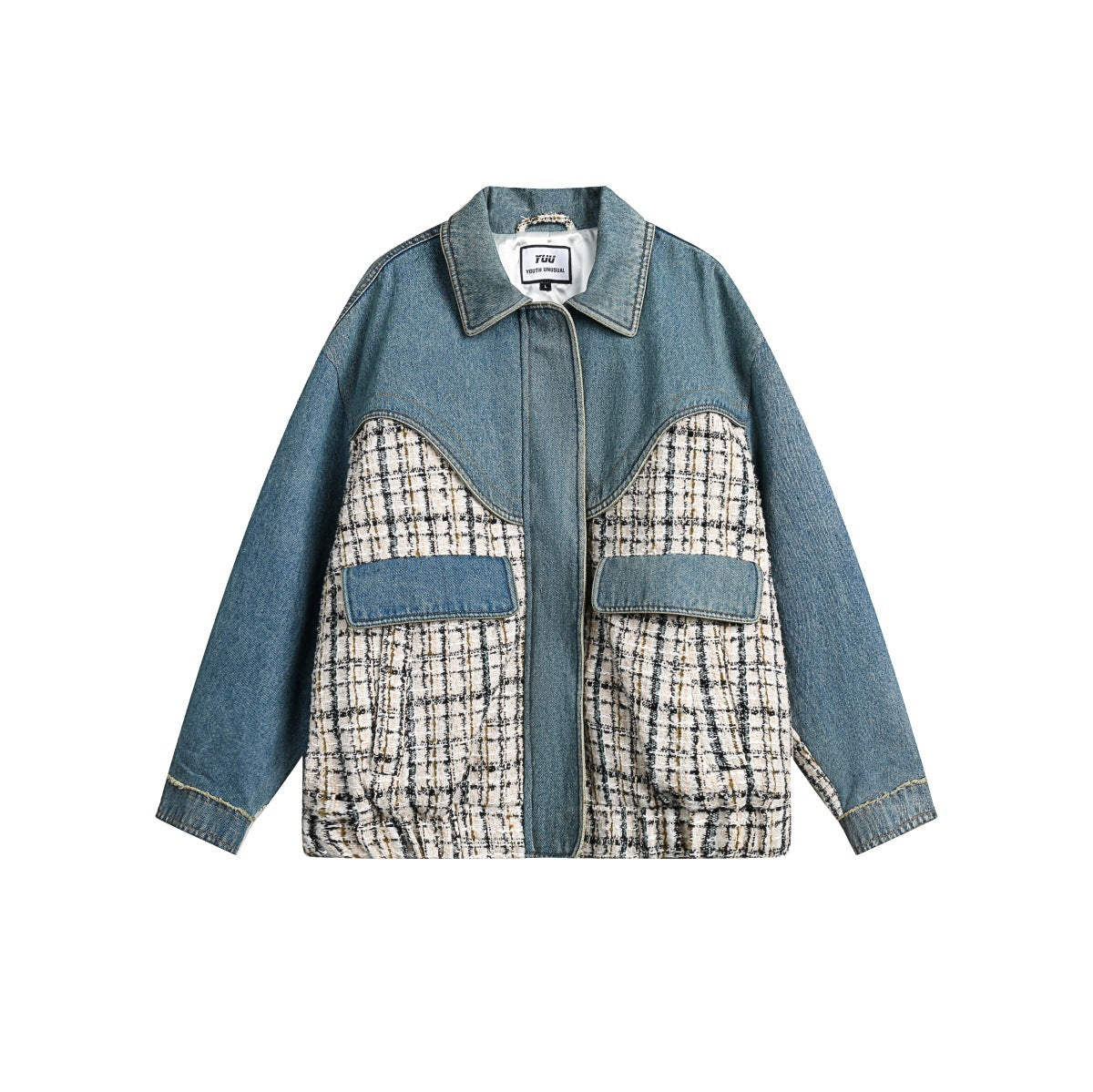 Retro Debutante Style Denim Splicing Coat Blue