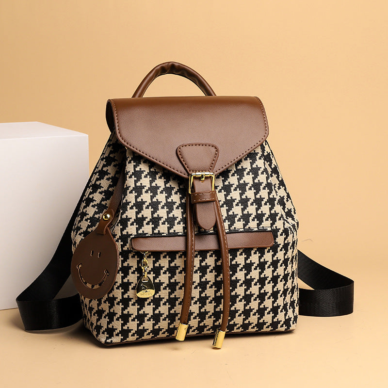 Houndstooth Backpack Women High Capacity Travel Bags Girls Ostrich with Khaki