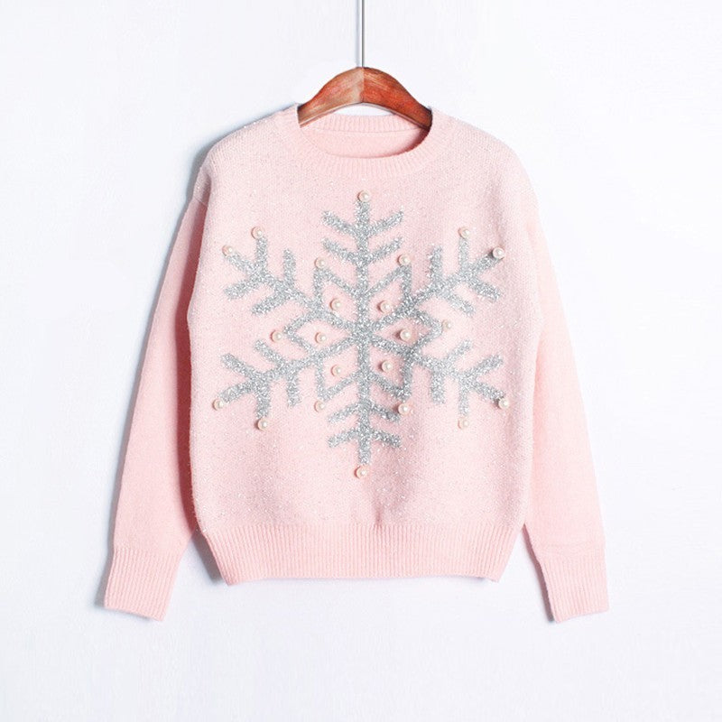 Snowflake sequin beaded sweater Pink