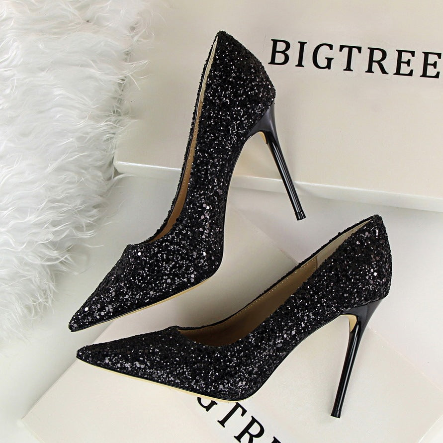 Shining sequins sexy slim nightclub high heels Black