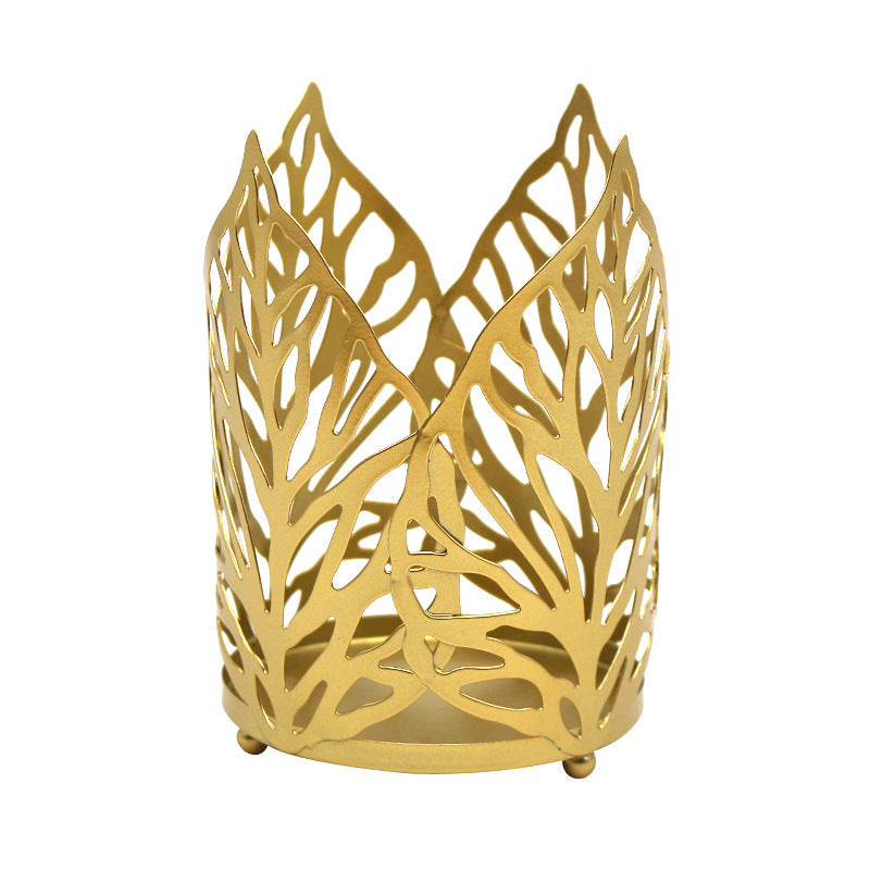 Nordic Wrought Iron Gold Old Hollow Leaf Candle Holder Home Decoration Candle Holder Gold