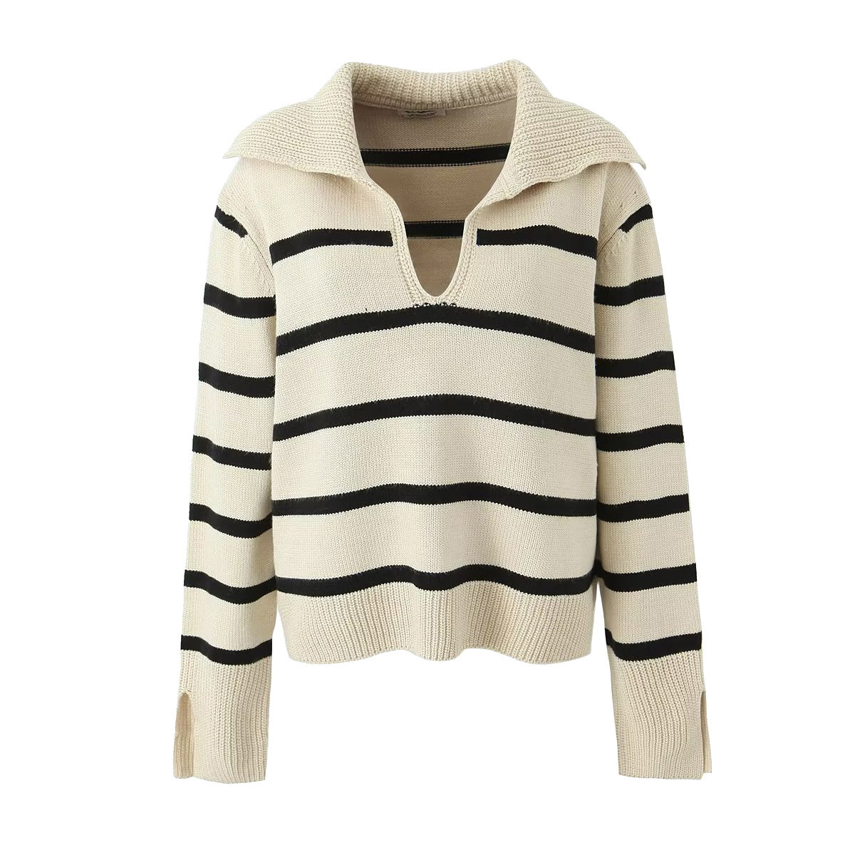 Women's Loose Casual Large Lapel Striped Long Sleeve Sweater Apricot Free Size