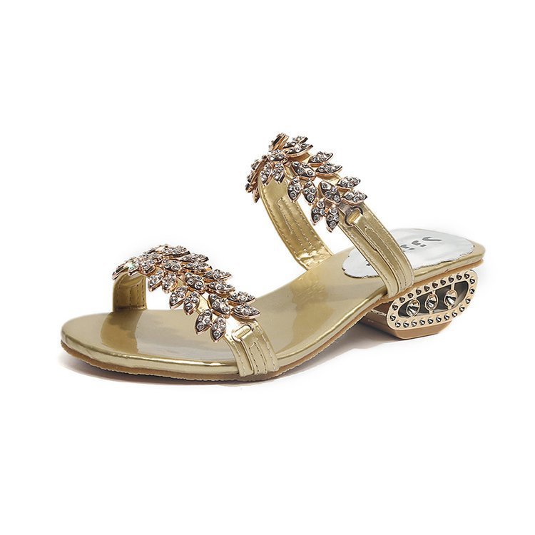 Mid Heel Rhinestone Sandals Gold