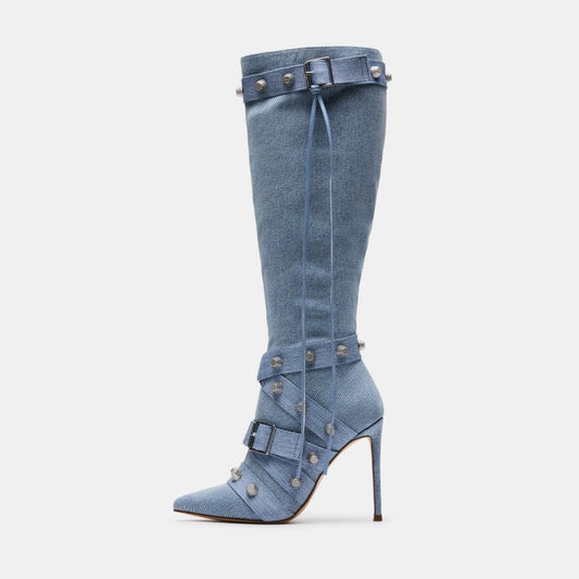 Metal Leathern Pointed Stiletto Heel High Leg Boot Rivet Blue