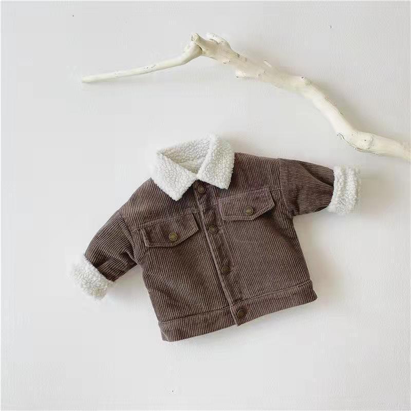 Kids' Overcoat Winter New Korean Style Fleece-lined Thickened Lamb Wool Corduroy Clothes Brown