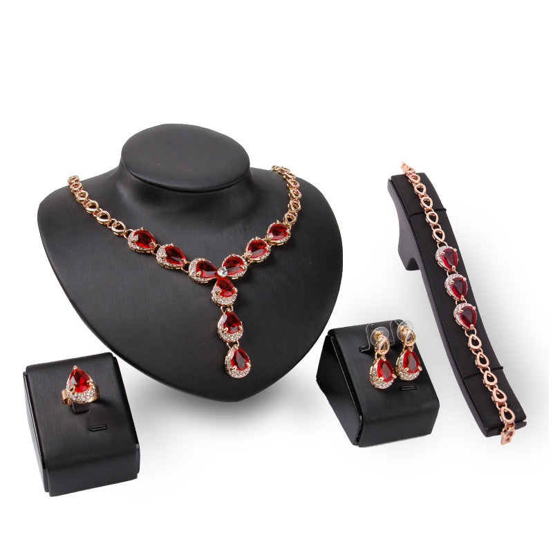 Charming Red Gemstone Jewelry Four-piece Set European And American Wedding Accessories Red