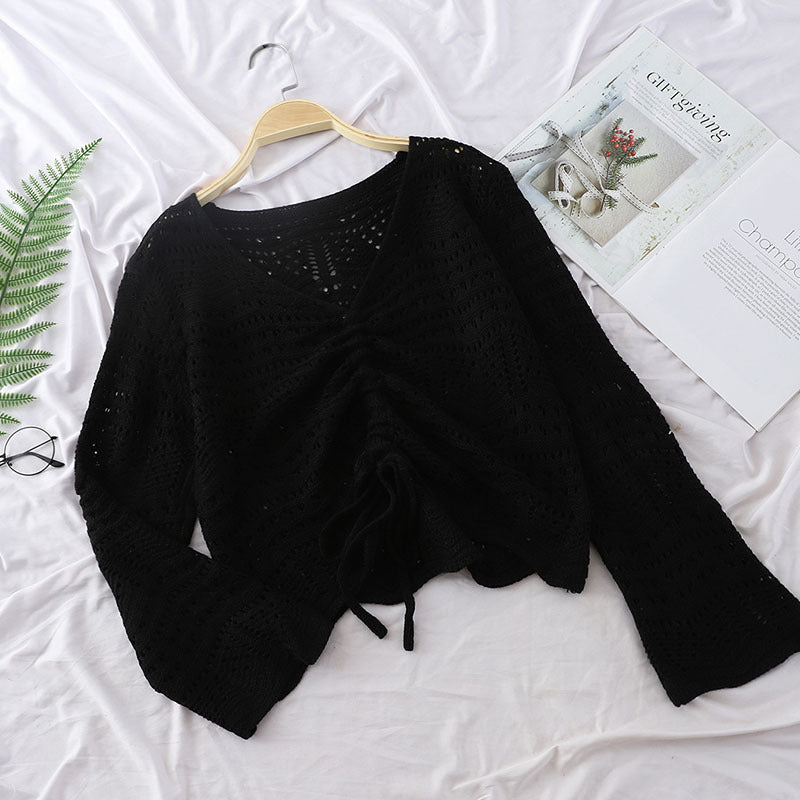 Loose Knit Sweater Short Sweater Women Long-sleeved Mesh Black