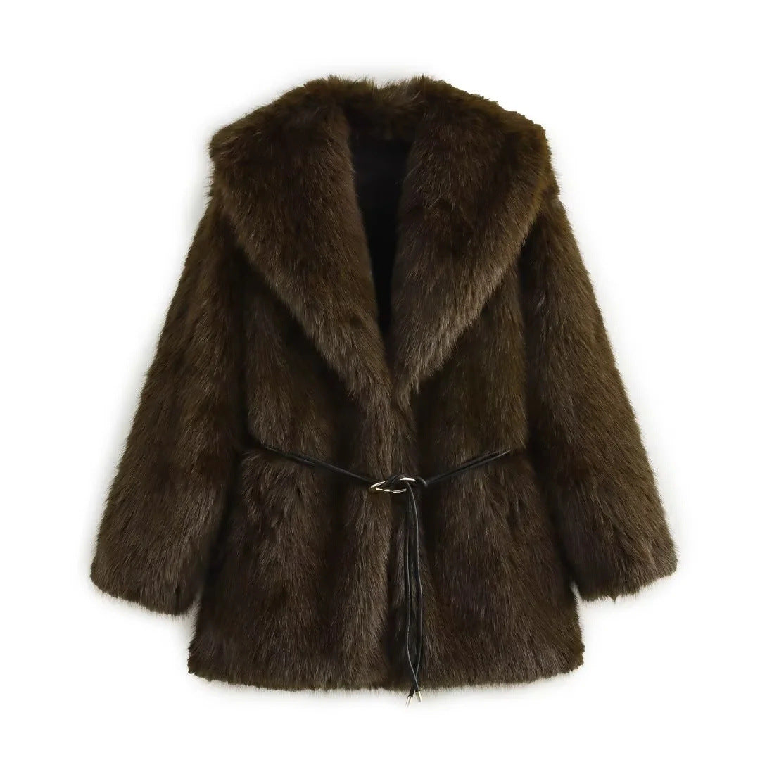 Women's Street Fashion Faux Fur Warm Coat Brown