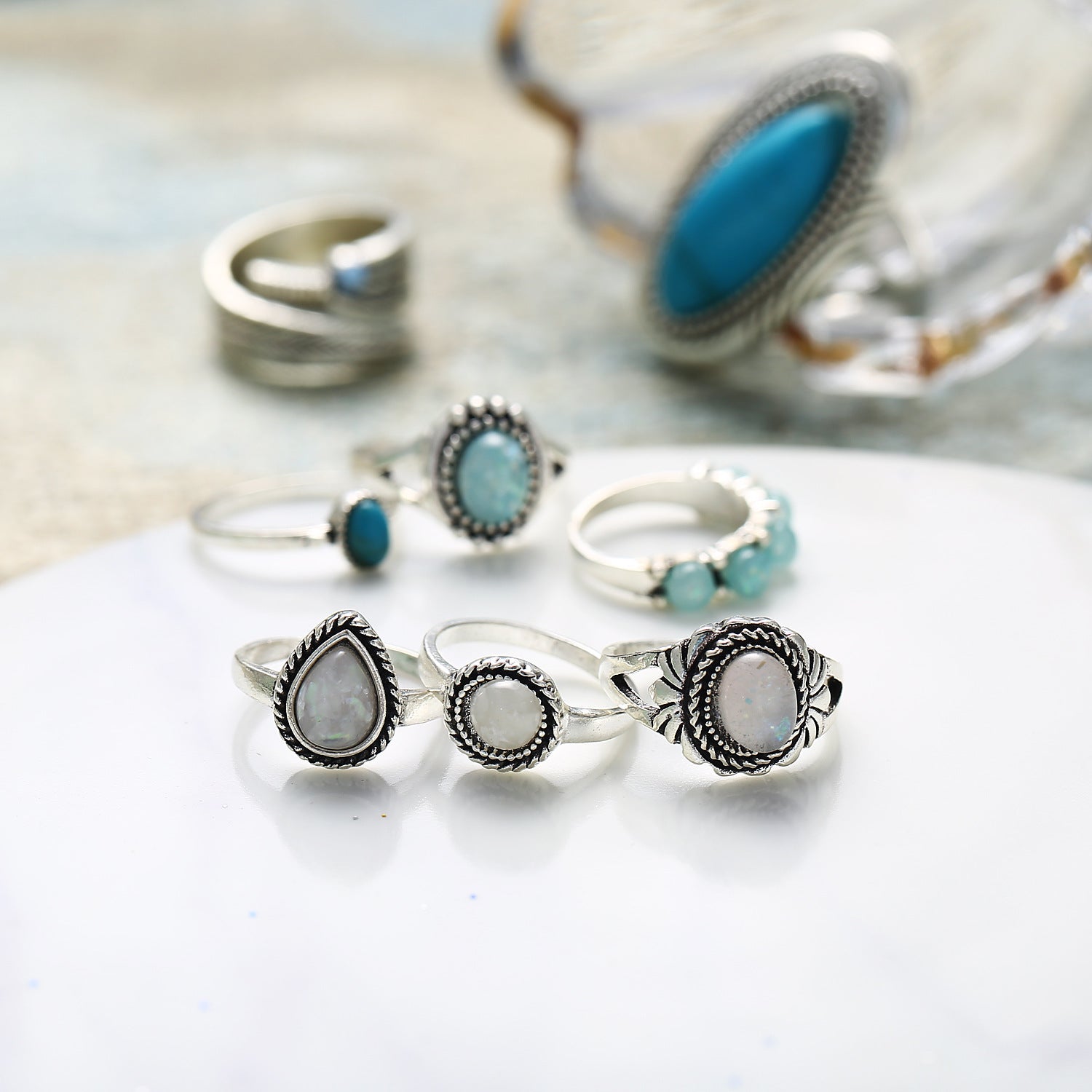 Opal Ring Set Turquoise Eight Piece Jewelry