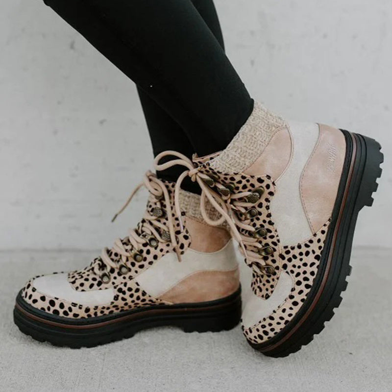 Leopard Boots Women Lace Up Martin Boots Winter Low Heel Shoes