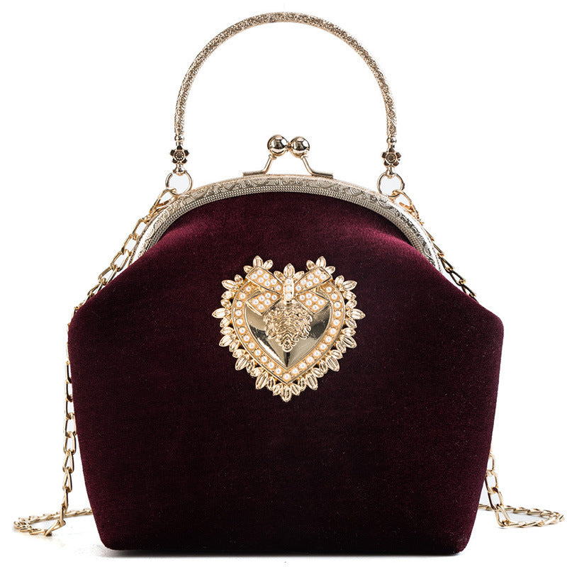 Personalized hand pocket retro gold velvet shell bag with diamonds Wine Red