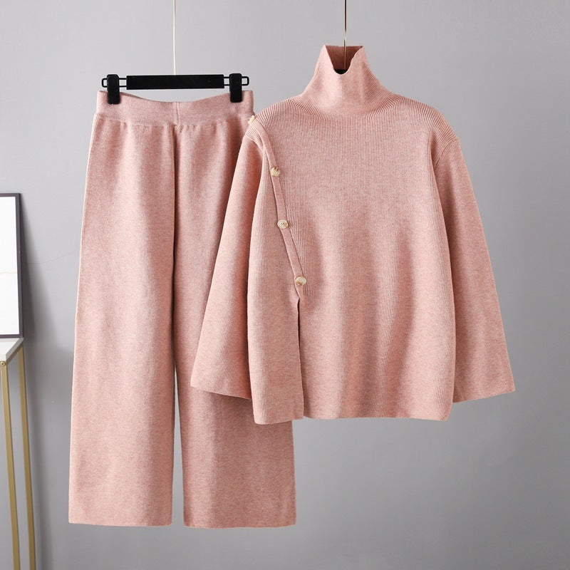 Niche Stand Collar Slit Knitted Turtleneck Sweater Wide Leg Pants Two-piece Set Pink Average Size