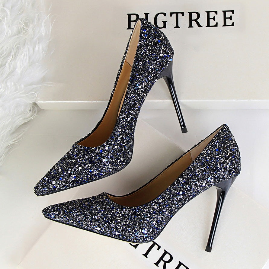 Shining sequins sexy slim nightclub high heels Blue