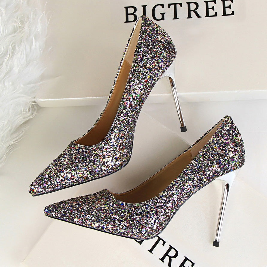 Shining sequins sexy slim nightclub high heels Colourful